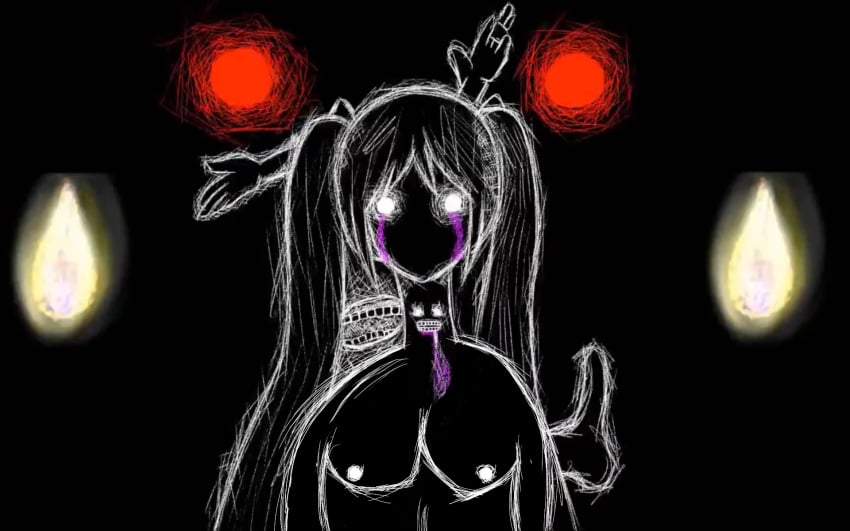 black_background black_hair black_skin blood_from_eyes blood_from_neck edited_official_artwork feet female_only hands ibispaintx masa_works_design no_mouth oni_to_kitsune_no_hanashi purple_blood sketch small_breasts the_onibi twintails white_eyes white_nipples