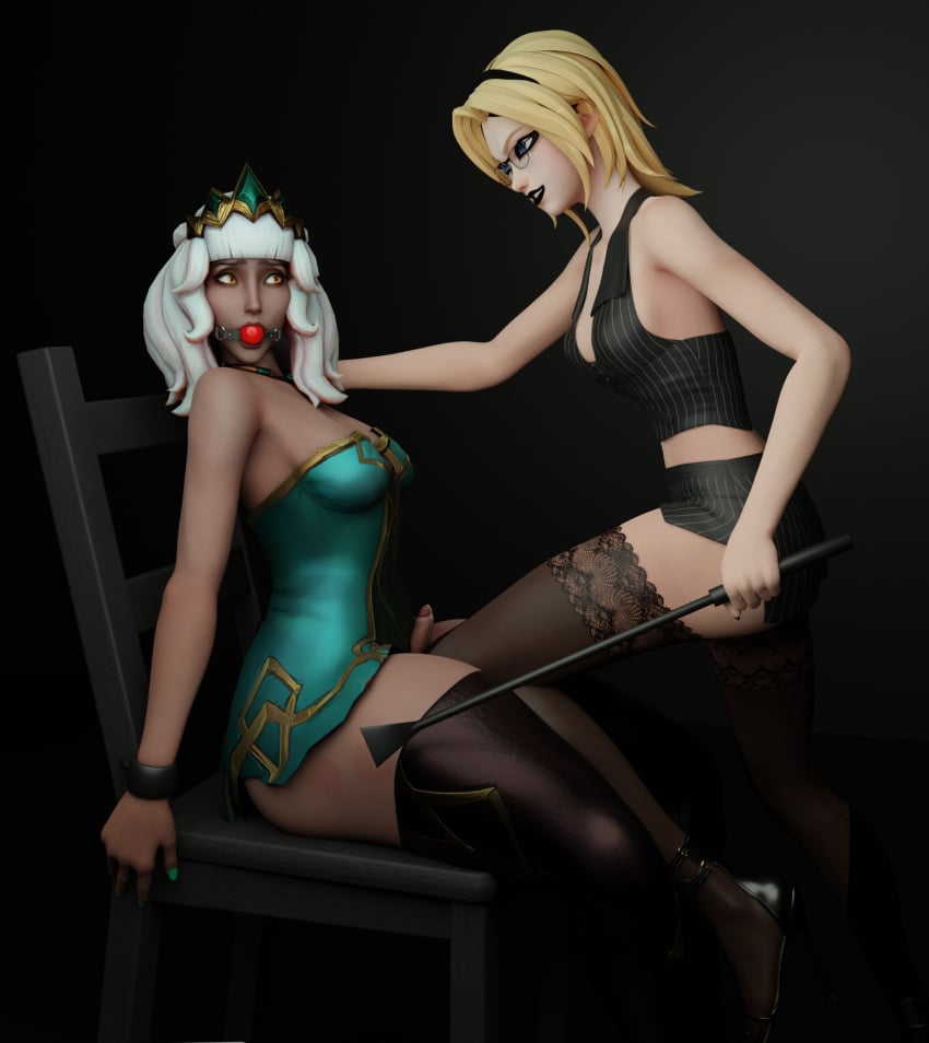 3d ball_gag black_lipstick blue_eyes bound_to_chair clothed femdom futasub kinkyleague3d knee_on_crotch league_of_legends leaking_cum luxanna_crownguard orange_eyes qiyana_yunalai riding_crop small_penis spank_marks spanking thigh_highs