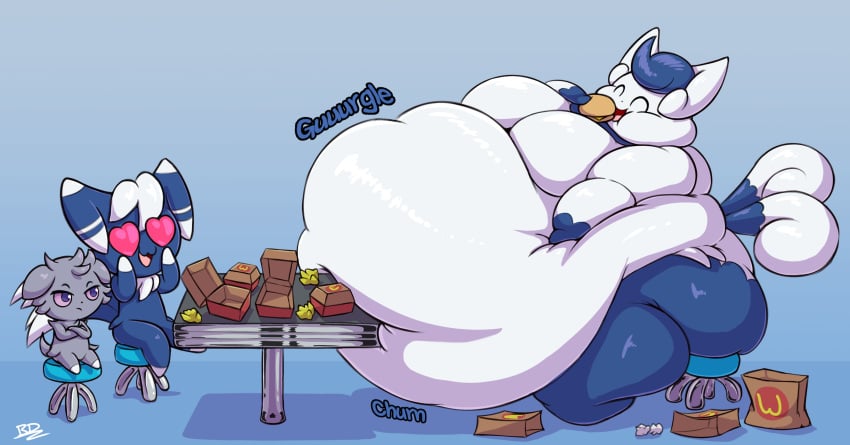 anthro belly belly_on_table bellydog793 big_belly burger eating espurr female furry heart_eyes male meowstic overweight pokemon stuffing tagme wcdonald's