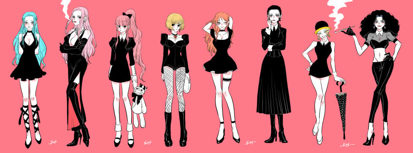 6+girls 8girls baroque_works big_breasts black_clothing black_dress blonde_hair blue_hair blush bob_cut boots breasts choker cigarette cleavage collar collared_dress collared_shirt curly_hair dress earrings fishnet_legwear fishnets full-length_portrait full_body goth goth_girl gothic_lolita guttari_soushi hat high_heel_boots high_heels hina_(one_piece) kumacy leather leather_boots leather_pants lineup lipstick long_hair long_legs looking_at_viewer mikita_(one_piece) miss_doublefinger miss_valentine multiple_girls nami nami_(one_piece) necklace nefertari_vivi nico_robin one_piece orange_hair perona pink_hair pipe portrait red_lipstick short_hair smoking smoking_cigarette smoking_pipe stitched stitches thigh_boots victoria_cindry wink winking_at_viewer zala_(one_piece) zombie zombie_girl