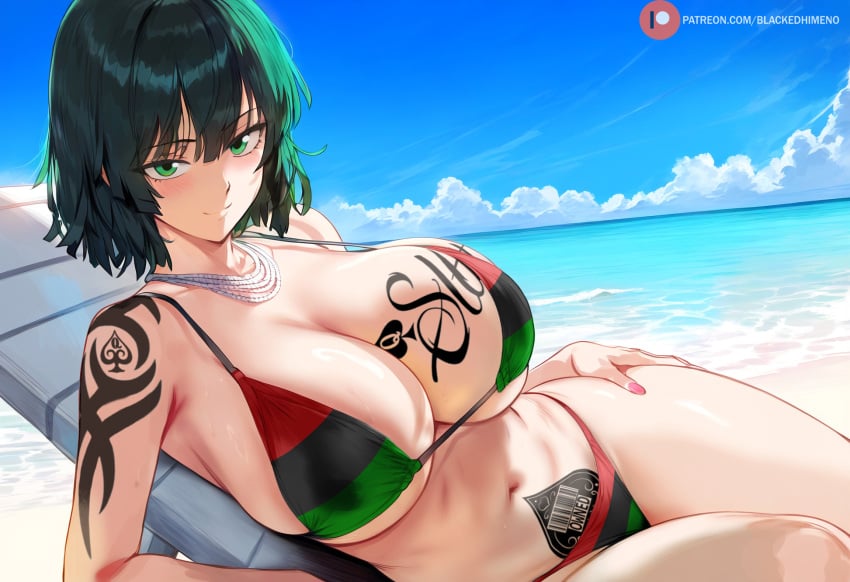 1girls beach fubuki_(one-punch_man) green_hair himeno huge_breasts large_breasts light-skinned_female light_skin looking_at_viewer lying ocean one-punch_man pan-african_flag pan-african_flag_bikini queen_of_spades solo spade_tattoo thick_thighs