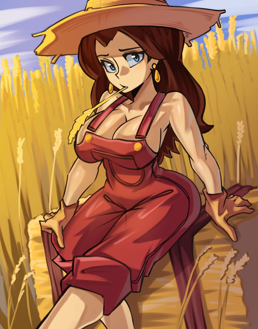 1girls ass blue_eyes breasts cleavage clothed clothing donkey_kong_(series) farm farm_girl farmer farmgirl female female_only garden hat human mario_(series) moxydrawsmore nintendo overalls pauline solo