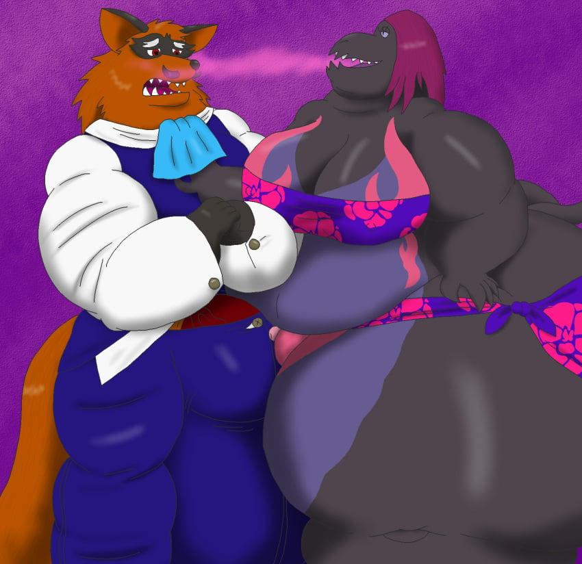 alythewolfcat anthro becoming_erect belly big_belly big_bulge breath_powers bulge duo female generation_7_pokemon generation_8_pokemon genitals hi_res huge_belly huge_bulge huge_hips hyper hyper_bulge hyper_hips male male/female muscular muscular_male nintendo nipple_outline pherokinesis pheromone_breathing pheromones plump_labia pokemon pokemon_(species) pussy salazzle seductive thievul wide_hips