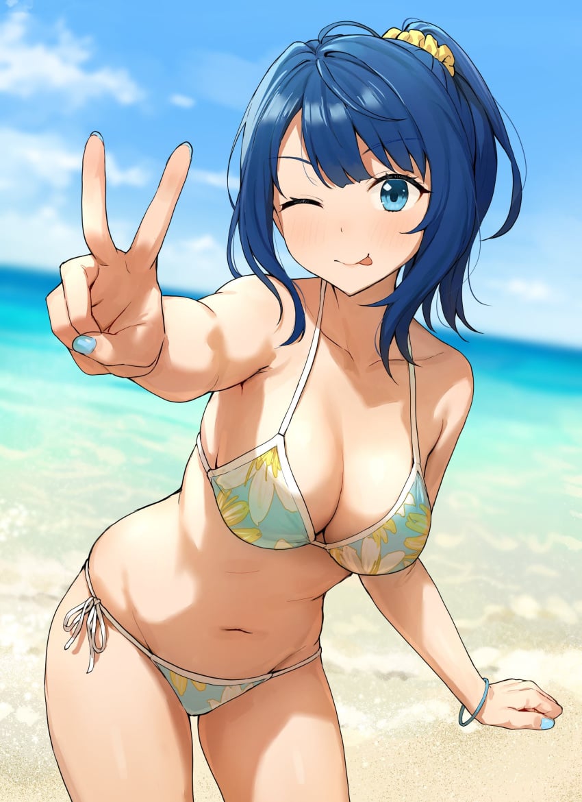 ass_visible_through_thighs bare_arms bare_belly bare_legs bare_shoulders bare_thighs beach belly_button big_breasts bikini blue_eyes blue_hair blue_nails blush bracelet breasts cleavage collarbone licking_own_lips make_heroine_ga_oo_sugiru! medium_hair nail_polish ocean one_eye_closed outdoors peace_sign ponytail shiny_skin side-tie_bikini_bottom sideboob smile takenoko_no_you thighs tongue wink yanami_anna