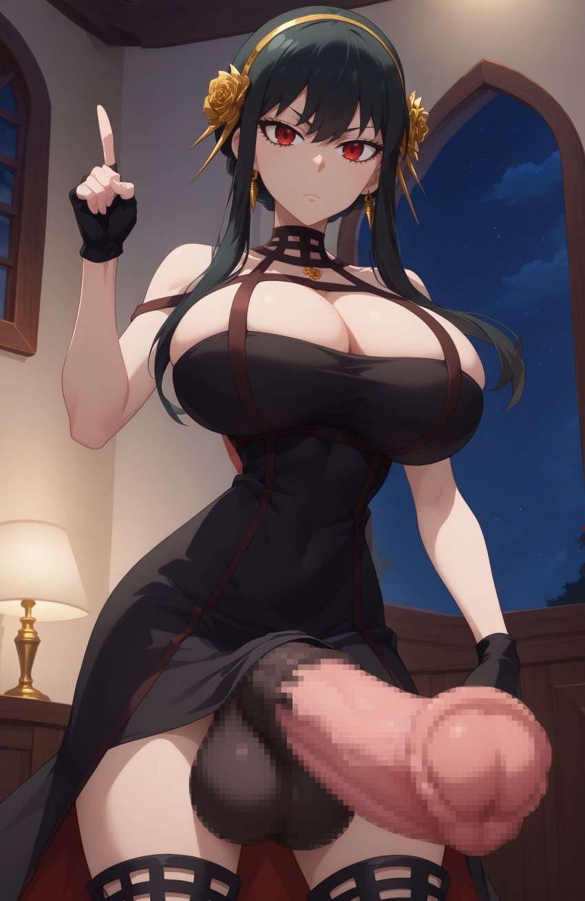 1futa 1girls ai_generated big_balls big_breasts big_penis big_thighs black_dress black_gloves black_hair busty censored censored_genitalia closed_mouth clothed clothing dress earrings emotionless expressionless fingerless_gloves gloves hair_ornament headband horse_penis horsecock horsecock_futanari huge_breasts huge_cock human indoors jewelry large_breasts large_penis light-skinned_futanari light_skin looking_at_viewer lowiwer milf mosaic_censoring mosaic_censorship narrow_waist penis_focus pov red_eyes short_hair_with_long_locks solo solo_futa spy_x_family taker_pov thick_thighs yor_briar yor_forger