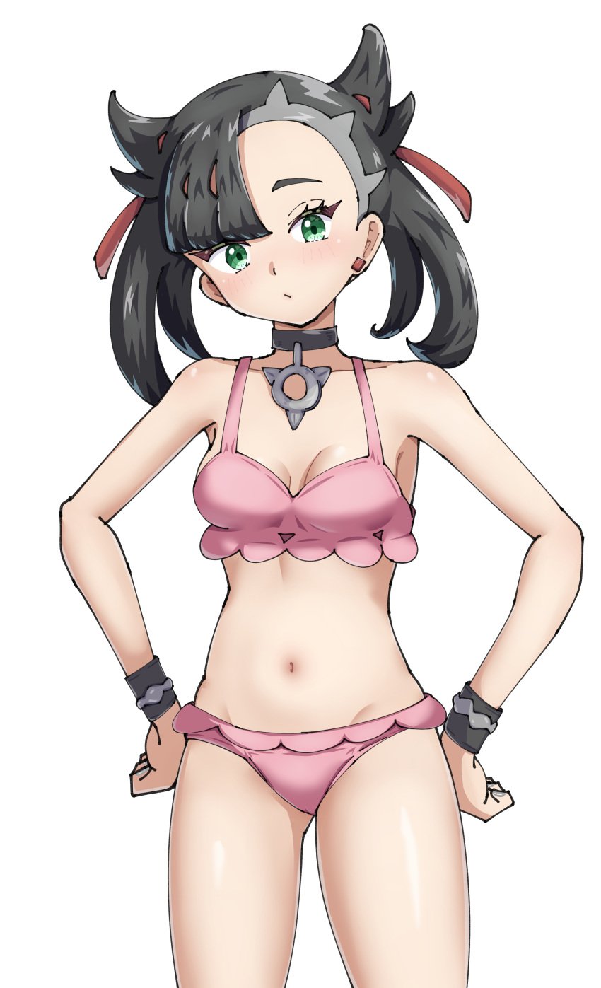 black_hair breasts choker earrings female female_only green_eyes light-skinned_female maho_(corotonton5150) marnie_(pokemon) nintendo pokemon solo swimsuit twintails wristbands