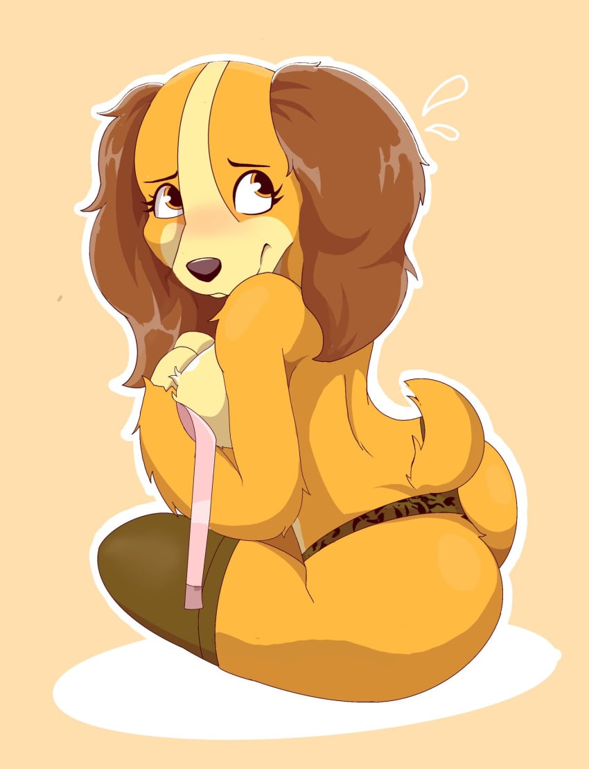 1girls 2024 2024s 2d 2d_(artwork) 2d_artwork anthro ass ass bird_dog blush bra bra_down breasts brown_ears brown_eyes canid canine canis clothing cocker_spaniel disney domestic_dog embarrassed female female_focus female_only fluffy_ears fur furry furry_female hi_res hunting_dog lady_(lady_and_the_tramp) lady_and_the_tramp legwear mammal multicolored_fur peach_background simple_background sitting solo solo_female solo_focus spaniel stockings tail thighhighs thong underwear yellow_body yellow_fur zebra10045