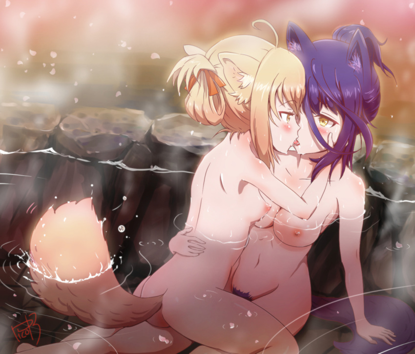 2girls ahoge animal_ears black_hair blonde_hair blue_hair blush breasts brown_eyes cherry_blossoms cowgirl_position eyebrows eyebrows_visible_through_hair fox_ears french_kiss hair_ribbon hug kissing konohana_kitan long_hair multiple_girls nipples onsen open_mouth ponytail ribbon satsuki_(konohana_kitan) shared_bathing sitting small_breasts tail yellow_eyes yuri yuzu_(konohana_kitan)