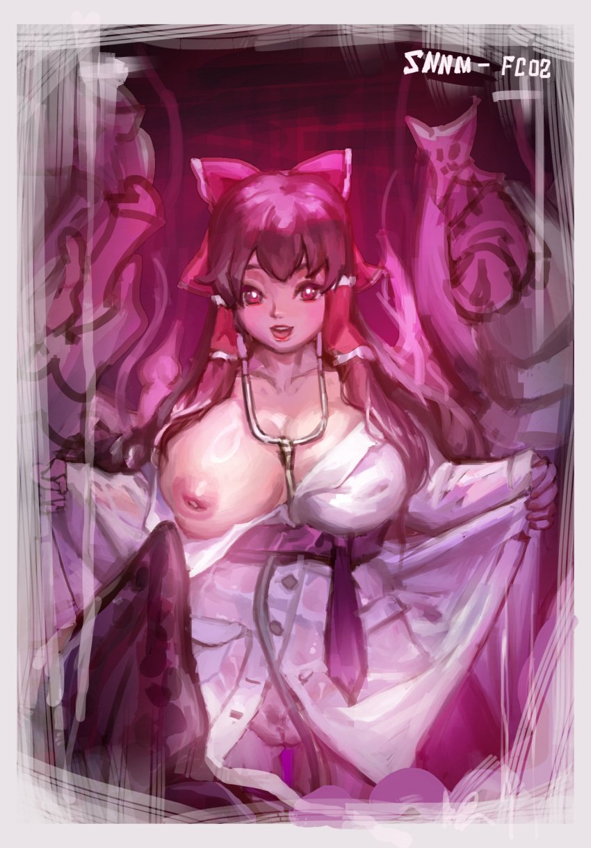 border bow breasts commentary_request cookie_(touhou) cowboy_shot d_tomoki dress female frilled_hair_tubes frills hair_tubes hakurei_reimu highres inverted_nipples large_breasts lips long_hair looking_at_viewer no_bra one_breast_out open_mouth pink_bow pink_theme purple_sash pussy red_eyes sash shinonome_(cookie) sidelocks smile solo stethoscope touhou uncensored white_border white_dress