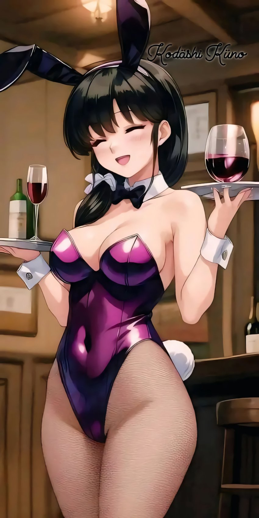 1girl 1girls background big_ass big_ass_(female) big_butt_(female) black_hair black_hair_female blushing blushing_female bottle_of_wine bunny_costume bunny_ears bunny_girl bunny_suit bunny_tail bunnygirl bunnysuit cleavage closed_eyes cute_face drink fat_ass fat_butt female female_only female_pervert girl_only happy happy_female hot_female kasumi_tendo kodashi_kuno medium_boobs medium_breasts medium_hair medium_hair_female naughty naughty_face naughty_smile only_female only_girl open_mouth pants pervert pervert_female ranma_1/2 remastered service sexy sexy_female sexy_girl smile smiling solo solo_female solo_focus thick_legs thick_thighs thighs tied_hair tray upscaled waitress wine wine_glass