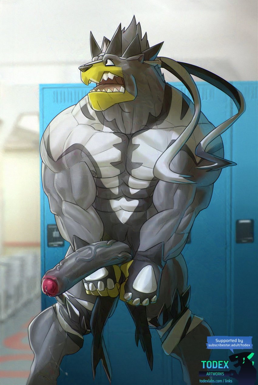 abs anthro biceps erection generation_8_pokemon genitals hi_res legendary_pokemon locker male muscular muscular_anthro muscular_male nintendo pecs penis pokemon pokemon_(species) sharp_teeth solo teeth todex urshifu vein veiny_penis