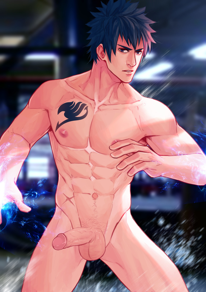 1boy black_hair fairy_tail gray_fullbuster looking_at_viewer male male_only maorenc muscle nipples nude penis tattoo testicles