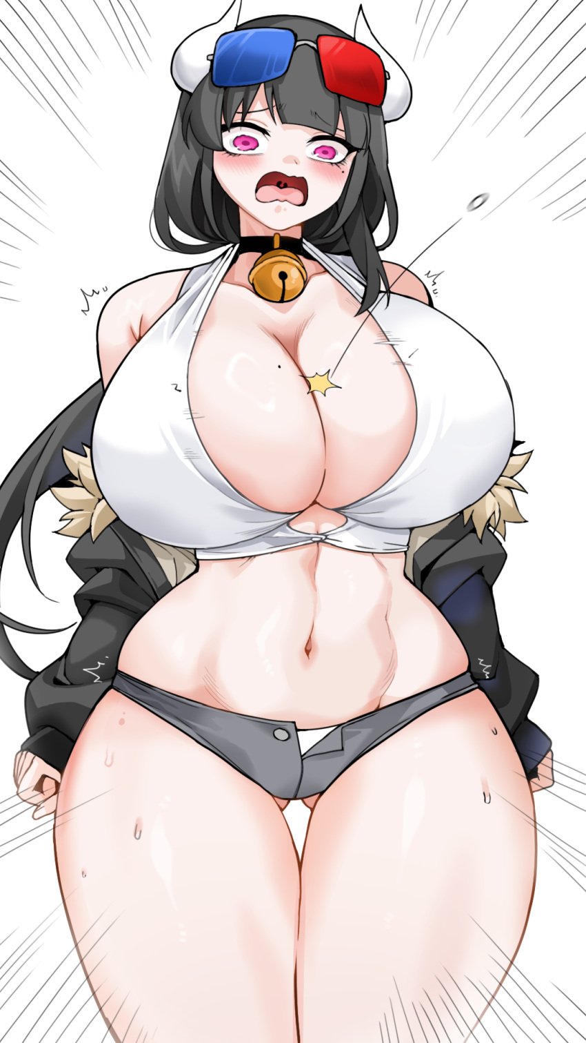 1girls 3d_glasses bell bell_collar black_hair breasts button_down_shirt button_pop cleavage collar cow_horns female female_focus female_only freedom_(artist) hips howcow howcow_(vtuber) indie_virtual_youtuber large_breasts midriff pink_eyes short_shorts shorts sweat sweatdrop thick_thighs thighs virtual_youtuber vtuber vtuberfanart wardrobe_malfunction