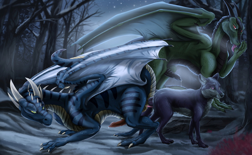 2016 anal anal_knotting anal_sex canine cuckold dragon feral feral_on_feral freeclaw group interspecies knotting male mammal penetration reptile scalie sex size_difference small_dom_big_sub sollus_delager tharronis vinaru_(artist) wolf yaoi