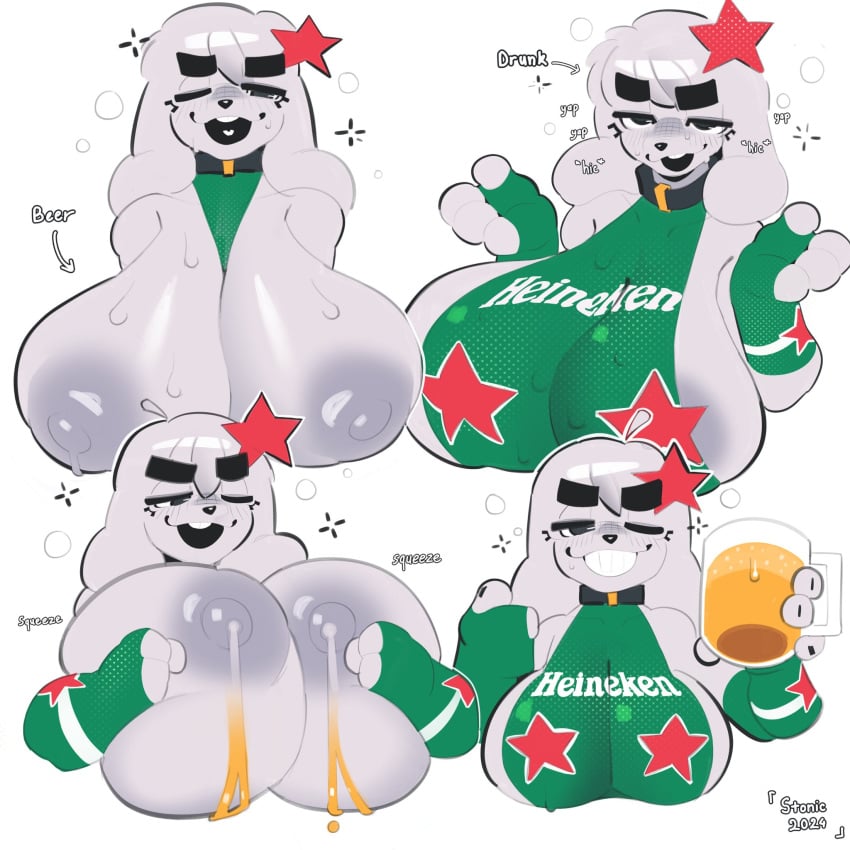 animal_ears black blush choker drunk eyes female fingerless_gloves furry grey_skin heineken holding_mug holding_object huge_breasts lactation looking_at_viewer non-milk_lactation one_eye_closed rabbit_teeth squeezing_breasts_together stonicstonic tagme