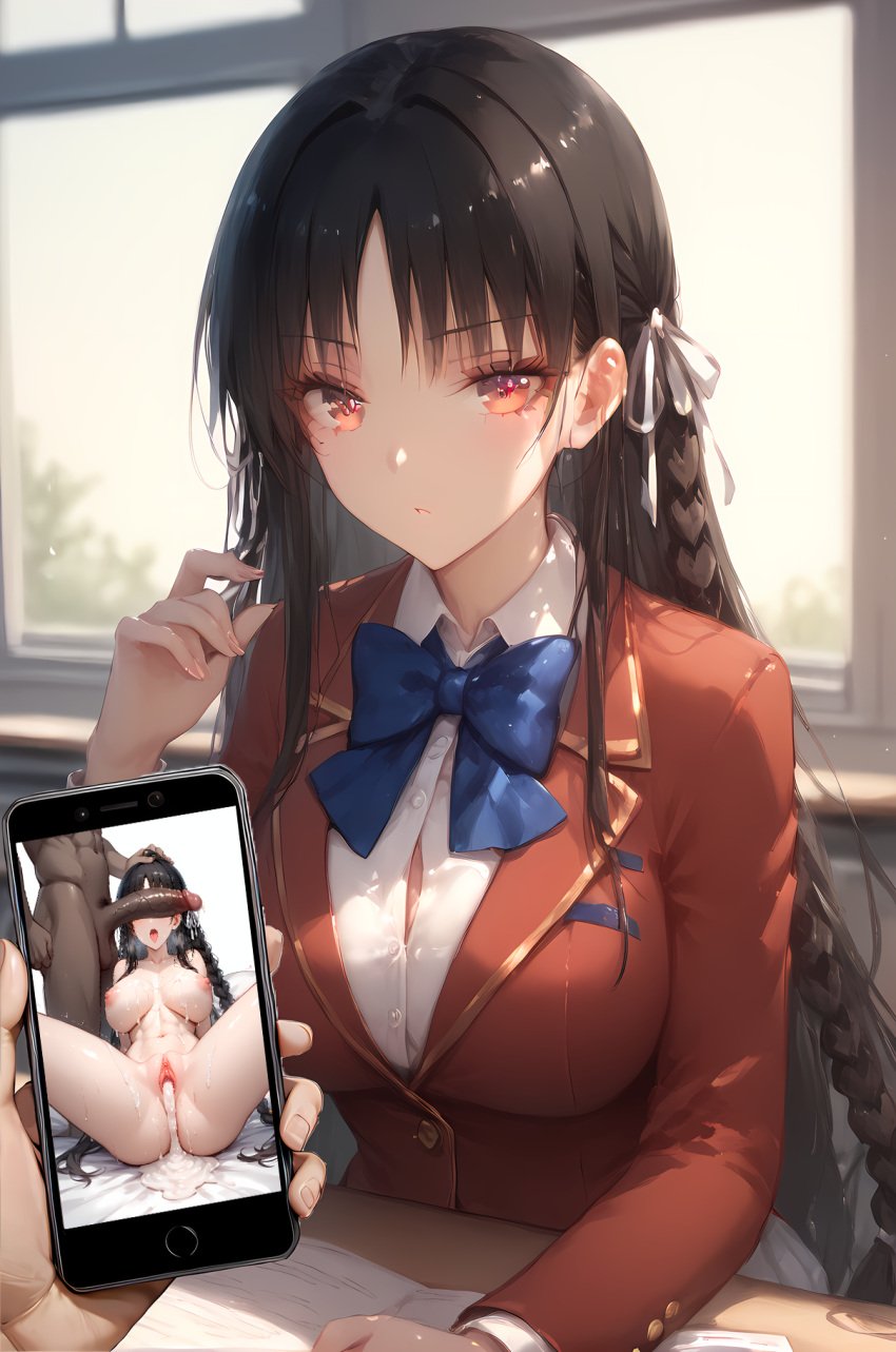 1boy 1girls after_sex ai_generated ayanokouji_kiyotaka classroom_of_the_elite dark-skinned_male dark_skin female horikita_suzune interracial juxtaposition kiss-shot large_penis netorare penis_over_eyes photo_comparison