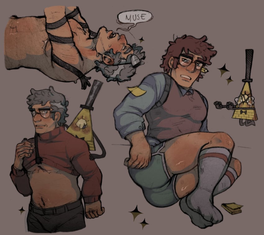 adamstars ass bill_cipher collage cuntboy gay glasses gravity_falls grey_background grey_hair greyscale intersex male male_only mastectomy_scar multiple_images pants redcowboyhey shirtless stanford_pines suggestive tagme yaoi