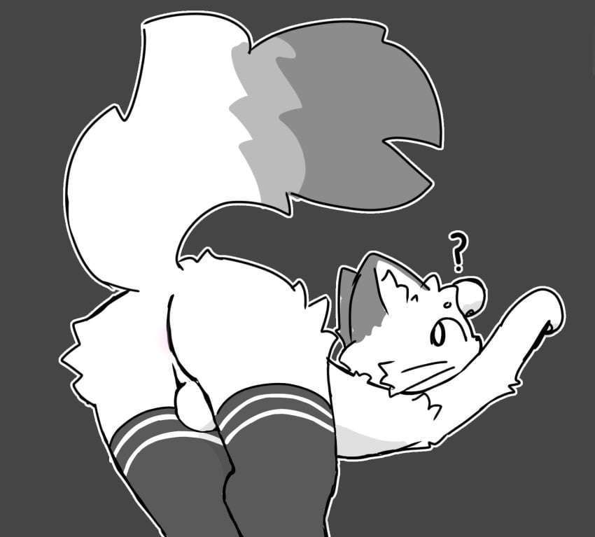 anthro ass ass_up backsack balls black_body black_fur clothing domestic_cat felid feline felis fluffy fur genitals grey_body grey_fur hi_res highlights_(coloring) inner_ear_fluff legwear looking_at_viewer male mammal mandiocatt nude question_mark rear_view simple_background solo tail thigh_highs tuft whiskers white_body white_fur