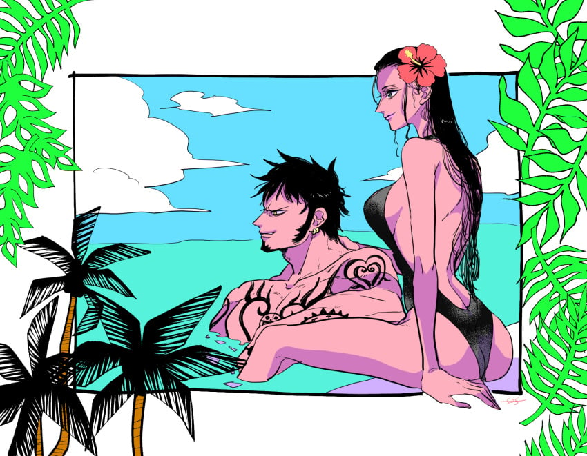 1boy 1girls ass black_hair black_swimsuit breasts female guttari_soushi male nico_robin one_piece pool poolside swimsuit tattoo trafalgar_law