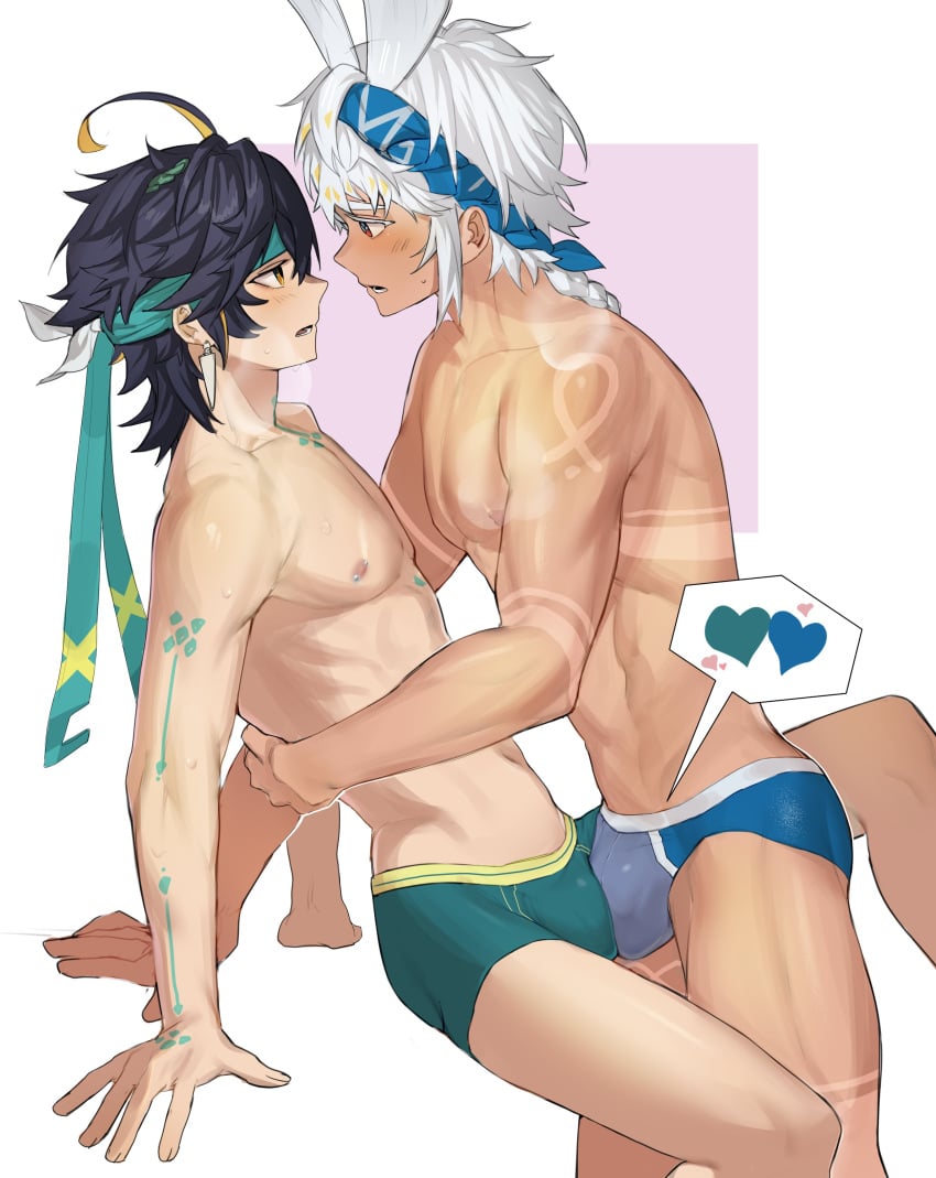 2boys abs bana_gameg blush breathing_heavily color embrace frottage frottage_through_clothing gay genderswap_(ftm) genshin_impact kinich_(genshin_impact) looking_at_another male/male mualani_(genshin_impact) muscles rule_63 underwear yaoi