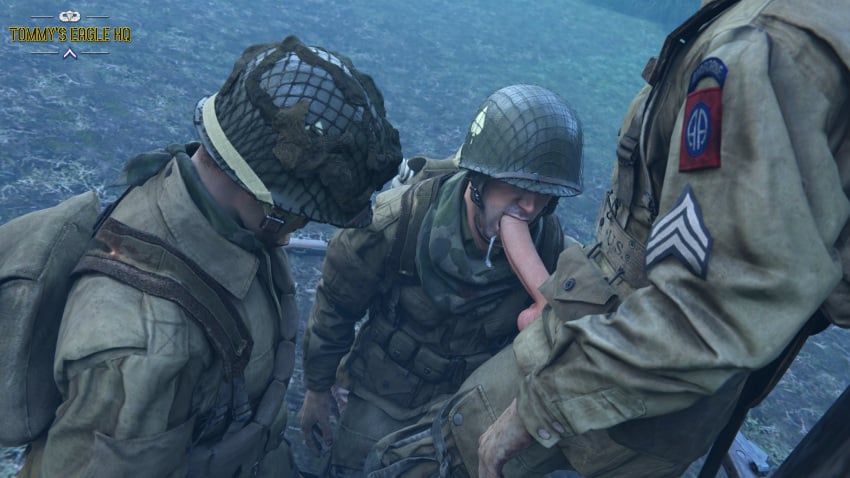 army blowjob exhibitionism gay gay_male gay_sex male medal_of_honor_airborne military oral oral_sex outdoors soldier soldiers threesome tommys_eagle_hq uniform ww2