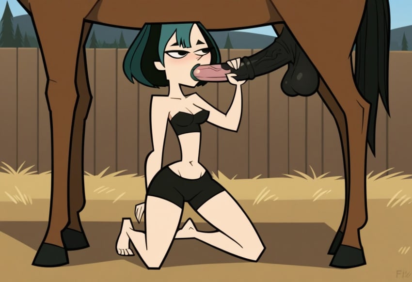 ai_generated blowjob clothed goth gwen_(tdi) holding_penis horse horsecock kneeling partial_male total_drama_island voluptuous zoophilia