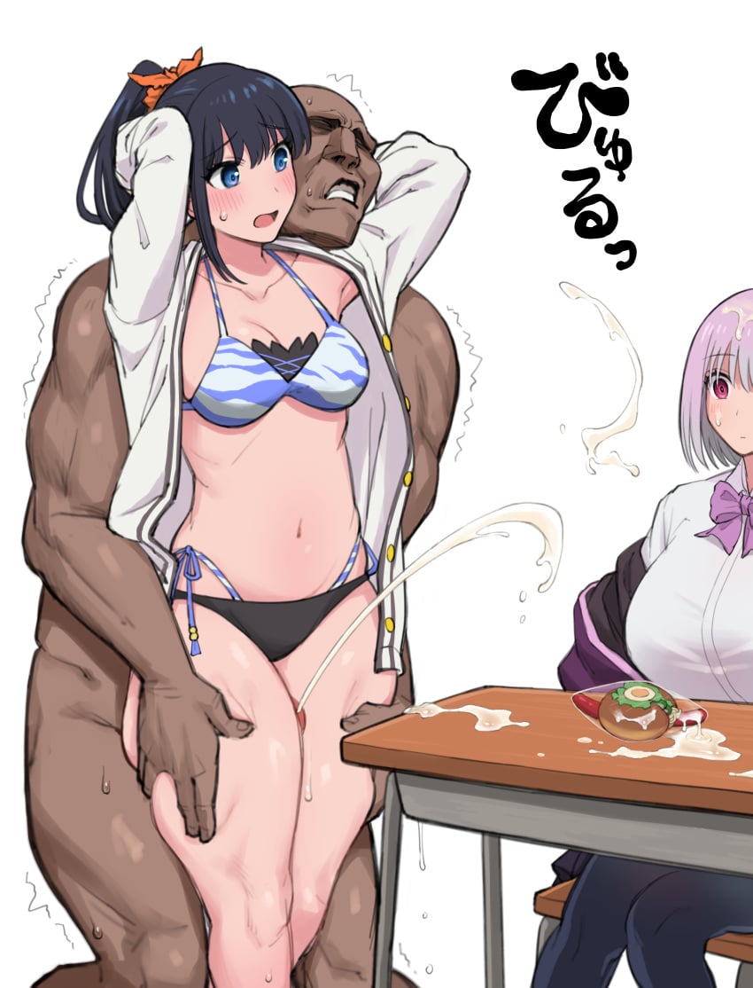 1boy 2girls absurdres arms_behind_head bikini black_hair blank_stare blue_eyes bow bowtie breasts cardigan clothed_female_nude_male commentary_request cum cum_on_body cum_on_desk cum_on_food cum_on_hair dark-skinned_male desk ejaculation facial gridman_universe highleg highleg_bikini highres jacket large_breasts long_hair long_sleeves medium_breasts multiple_girls navel nim_r18 nude off_shoulder official_alternate_costume official_alternate_hairstyle open_cardigan open_clothes orange_scrunchie penis ponytail purple_bow purple_bowtie purple_hair purple_jacket red_eyes school_desk school_uniform scrunchie shinjou_akane shirt short_hair side-tie_bikini_bottom ssss.gridman straight sweat swimsuit takarada_rikka thigh_grab thigh_sex white_background white_cardigan white_shirt