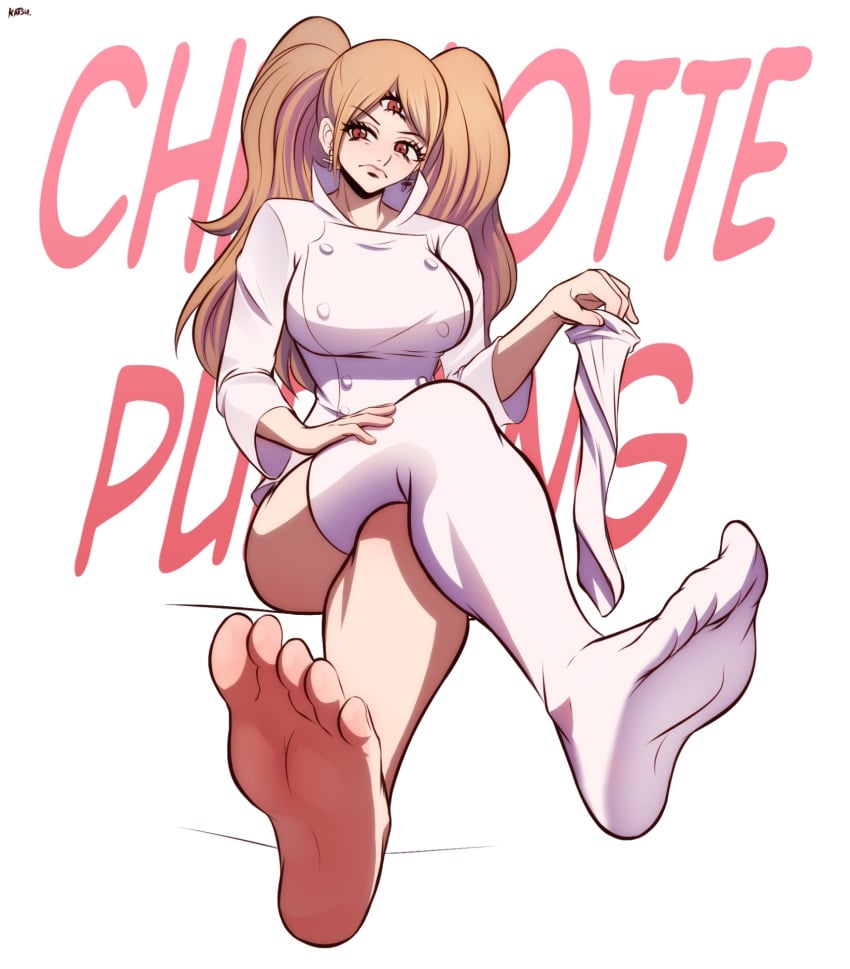 3_eyes absurd_res annoyed artist_name barefoot brown_eyes brown_hair charlotte_pudding earrings feet foot_focus fully_clothed holding_clothing katsunei legs_crossed legwear looking_at_viewer one_piece one_sock sitting sock_removed socks soles stockings thighhighs third_eye twintails white_background white_socks