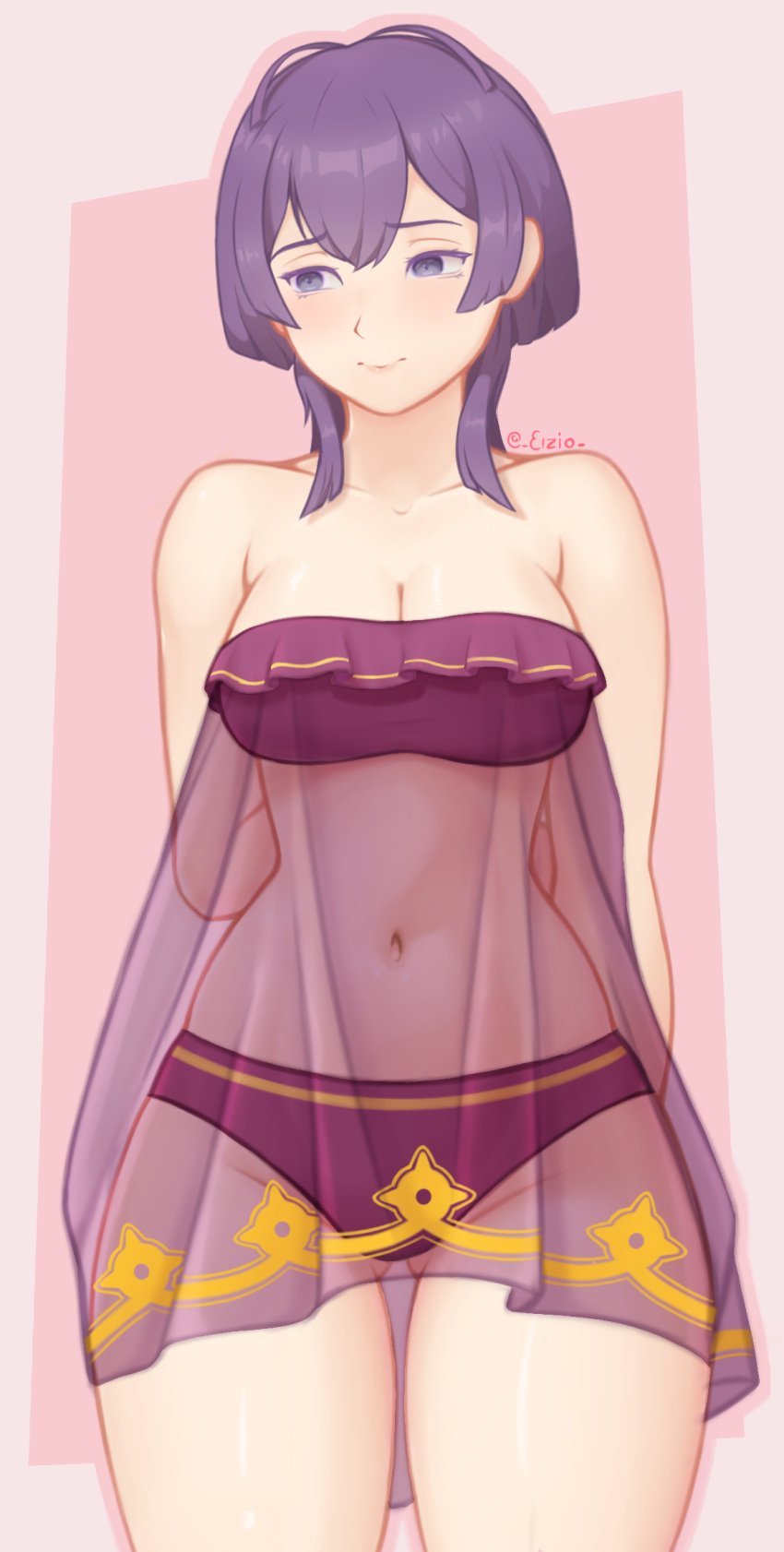 1girls ass ass_visible_through_thighs bernadetta_von_varley bikini cleavage eizio fire_emblem fire_emblem:_three_houses grey_eyes looking_away medium_breasts nintendo post-timeskip purple_hair shy swimsuit thick_thighs thighs