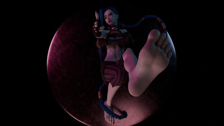 1girls 3d arcane arcane_jinx athletic athletic_female blue_hair braids breasts clothed covering covering_breasts feet female female_only fender_blender foot_fetish foot_focus jinx_(league_of_legends) league_of_legends long_hair looking_at_viewer nipples painted_toenails petite pink_eyes soles solo solo_female tattoo tattoos teasing toes very_long_hair wink winking_at_viewer