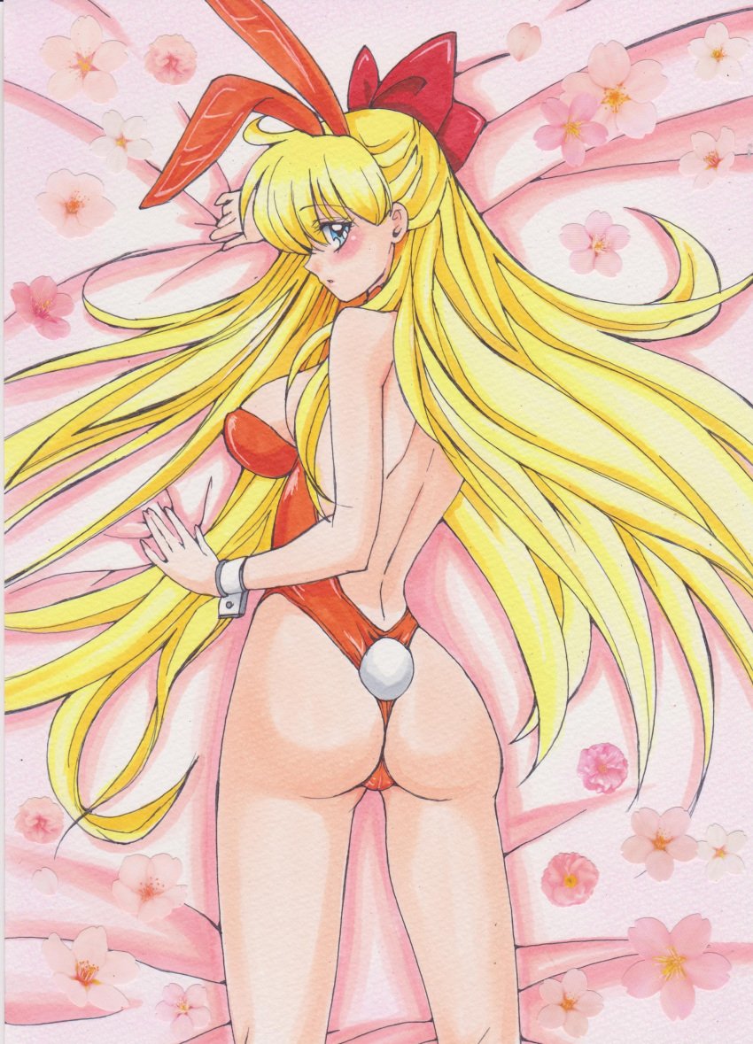 1990s_(style) absurd_res alluring animal_ears ass bed_sheet bishoujo_senshi_sailor_moon blonde_hair detached_collar fake_animal_ears female female_focus high_res insanely_hot leotard long_hair looking_back minako_aino playboy_bunny rabbit_ears rascal_(n119) retro_artstyle sailor_venus sheet_grab