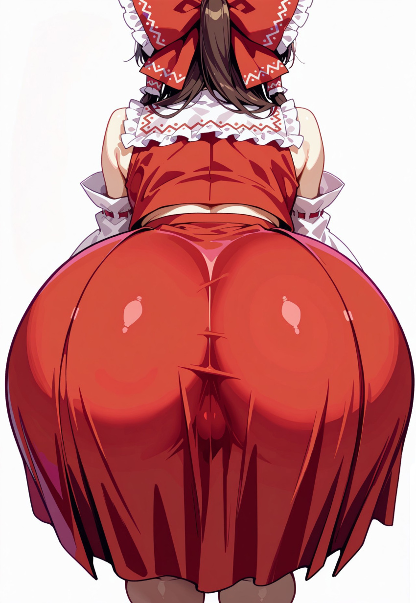 ai_generated ass ass_focus asstronomical back_view bent_over brown_hair detached_sleeves female highres large_ass looking_away outline red_clothing reimu_hakurei ribbon round_ass simple_background skirt solo tagme touhou white_background
