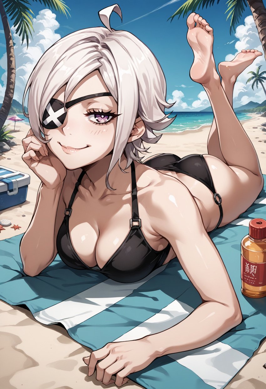 1girls ai_generated ass beach bikini black_bikini breasts eyepatch feet female female_only looking_at_viewer lying lying_on_stomach pale-skinned_female pale_skin short_hair soul_hackers_2 tatara_(soul_hackers_2) violet_eyes white_hair