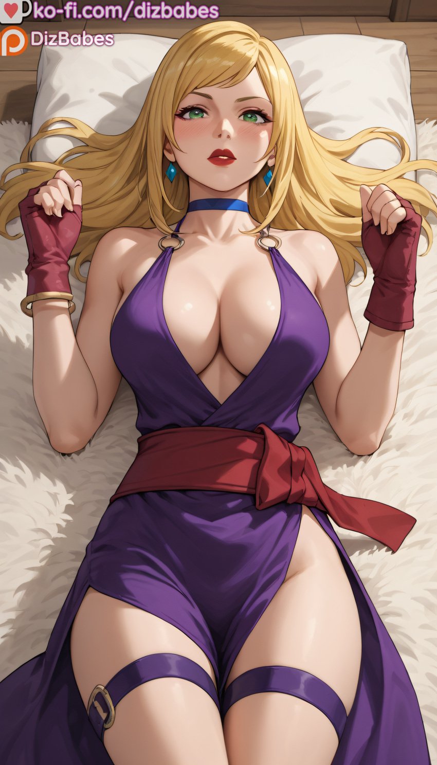 1girls ai_generated blonde_hair bonne_jenet choker dizbabes fatal_fury female fingerless_gloves green_eyes king_of_fighters legband looking_at_viewer purple_dress snk solo_female stable_diffusion