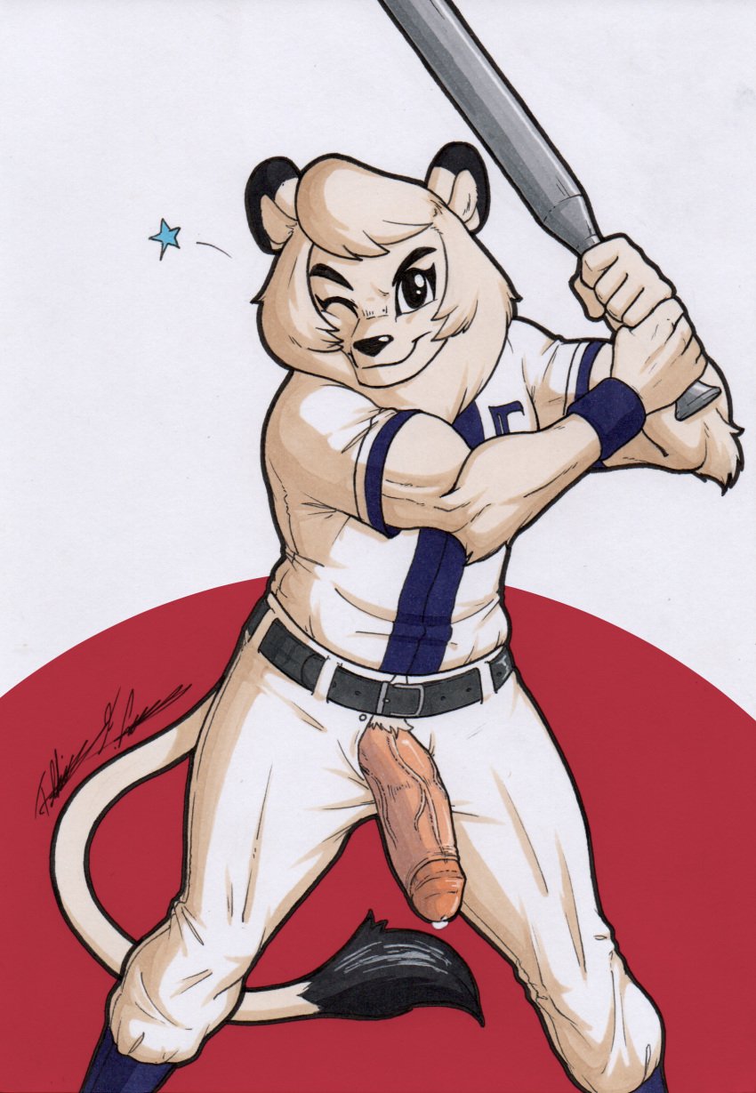 absurd_res anthro baseball_bat bat_(object) big_penis clothing erection felid genitals hi_res kimba kimba_the_white_lion lion male mammal osamu_tezuka pantherine penis rotten_owl shirt simple_background solo topwear traditional_media_(artwork) white_background white_body