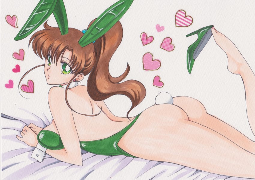 1990s_(style) alluring animal_ears ass bishoujo_senshi_sailor_moon brown_hair bunny_tail bunnysuit detached_collar earrings fake_animal_ears fake_tail feet female female_focus green_eyes green_footwear green_leotard heart high_heels high_res highleg highleg_leotard jewelry leotard long_hair lying makoto_kino playboy_bunny ponytail rabbit_ears rabbit_tail rascal_(n119) retro_artstyle shoe_dangle tail thong thong_leotard wrist_cuffs