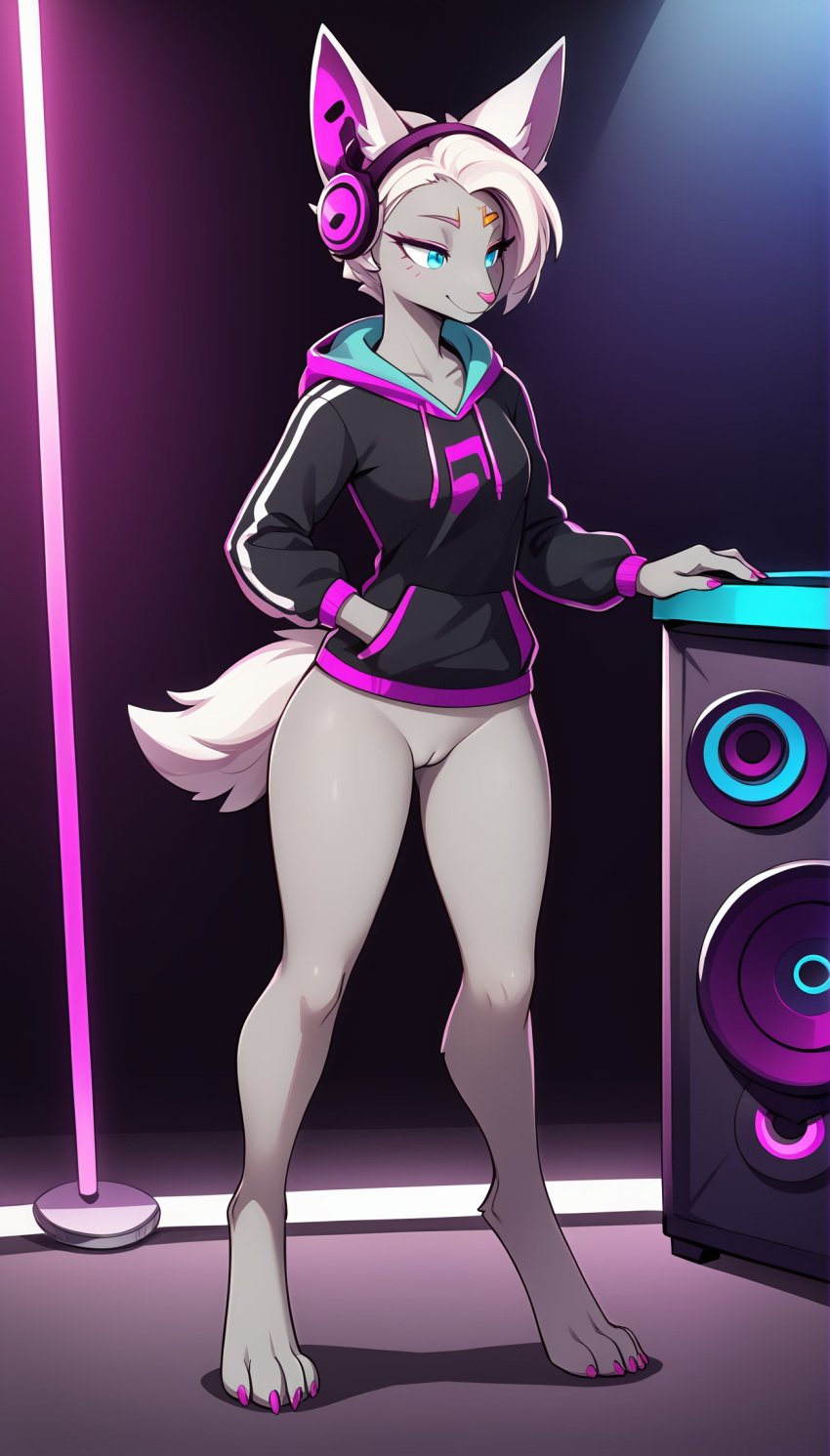 1girls 2025 ai_generated anthro blue_eyes bottomless bottomless_female club digitigrade dj female female_only grey_body hair_over_one_eye headphones hi_res hoodie indoors innie_pussy mineru neon_lights nintendo pink_nails pussy short_hair smile the_legend_of_zelda the_legend_of_zelda:_tears_of_the_kingdom white_hair zonai