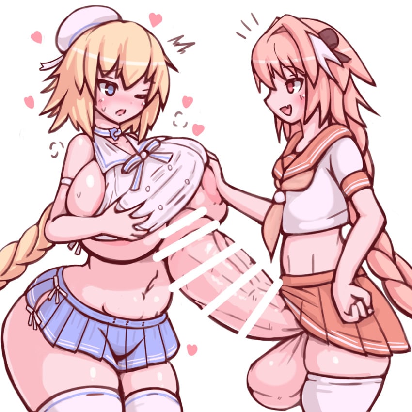 57mm astolfo_(fate) breasts breasts_bigger_than_head clothed clothed_paizuri cute fate/grand_order fate_(series) female femboy femboy_on_female femboydom happy huge_ass huge_breasts hung_femboy hung_trap hyper_cock hyper_cock_femboy jeanne_d'arc_(fate) large_breasts milf nervous otoko_no_ko paizuri plump small_but_hung straight voluptuous