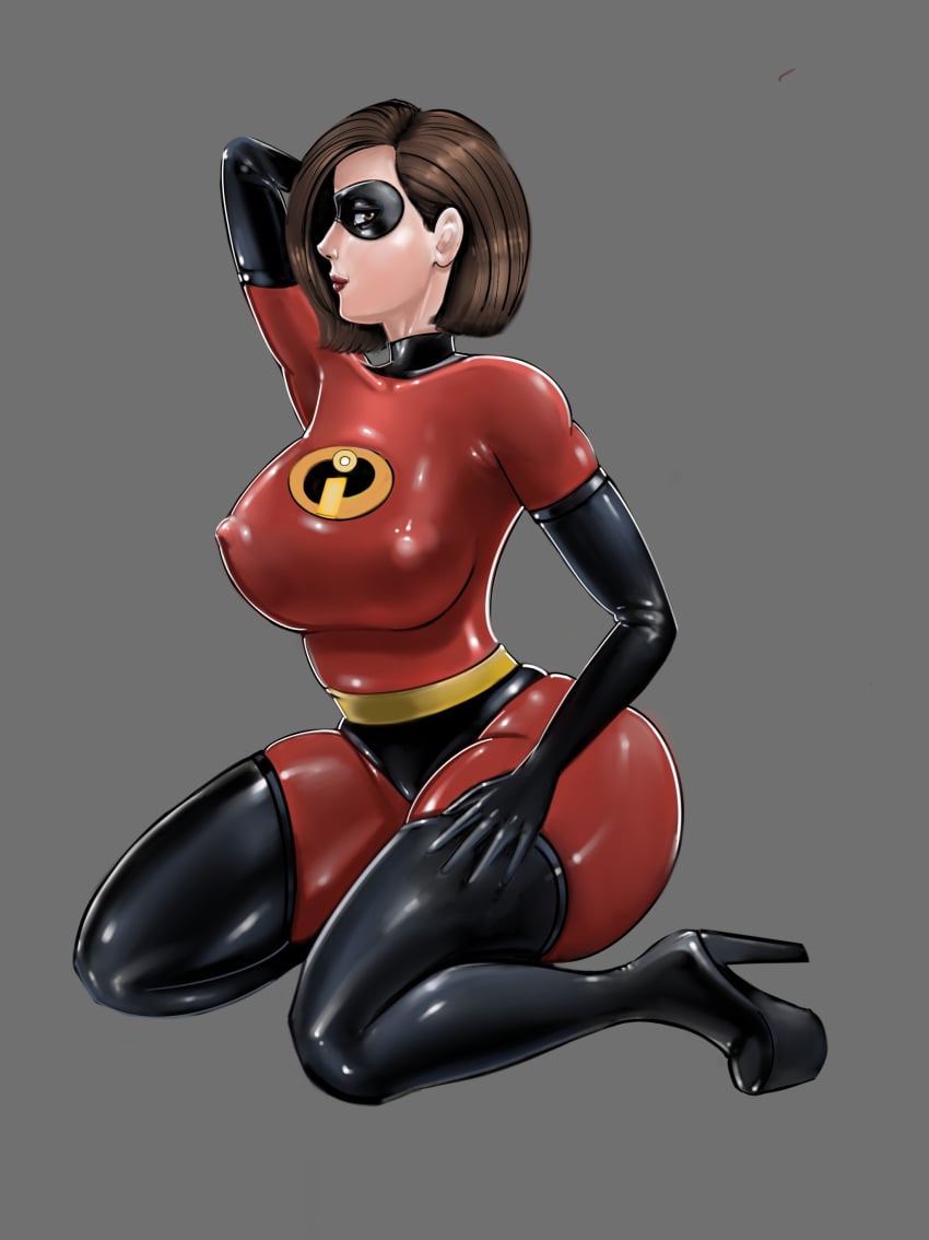 boots brown_hair elastigirl elbow_gloves female female_only fully_clothed gloves helen_parr irondoomer kneeling latex latex_clothing latex_gloves long_gloves platform_heels red_clothing rubber rubber_clothing shiny_clothes simple_background superheroine the_incredibles thigh_boots thigh_high_boots tight_clothing