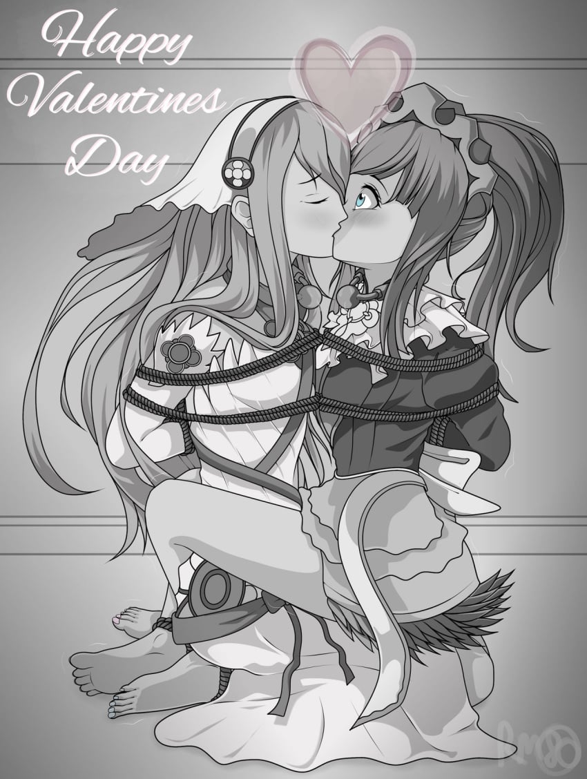 azura_(fire_emblem) black_and_white bondage felicia_(fire_emblem) fire_emblem fire_emblem_fates kissing tied_together tied_up yuri