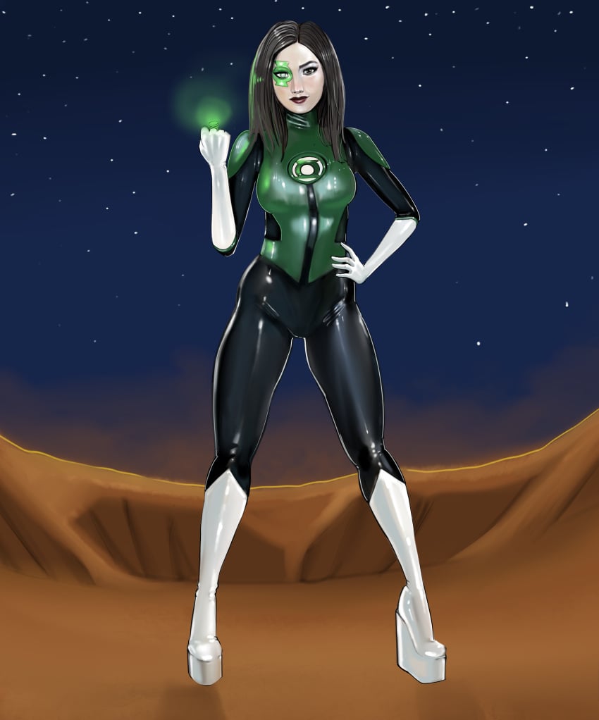 1girls black_hair female female_only fully_clothed gloves green_lantern high_heels irondoomer latex latex_clothing looking_at_viewer platform_heels png rubber rubber_clothing shiny_clothes skinny_waist standing superheroine tight_clothing wedge_heels