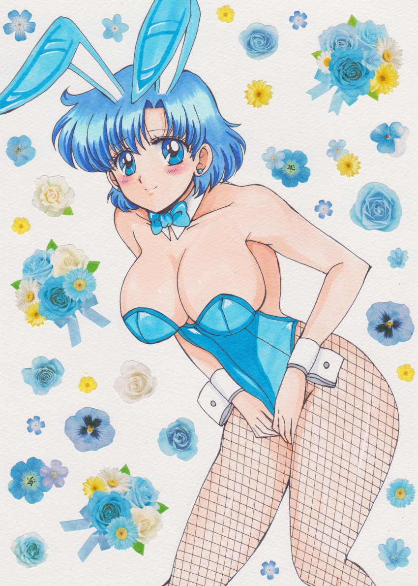 1990s_(style) absurd_res alluring ami_mizuno animal_ears big_breasts bishoujo_senshi_sailor_moon blue_hair detached_collar fake_animal_ears high_res playboy_bunny rabbit_ears rascal_(n119) retro_artstyle sailor_mercury short_hair wrist_cuffs