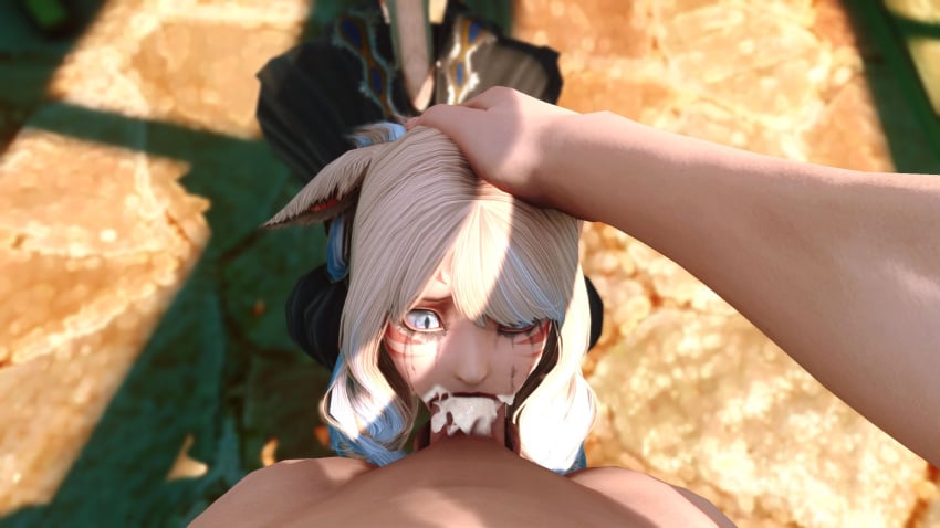 blonde_hair blonde_hair blowjob catgirl cum cum_drip cum_in_mouth face_fucking facefuck final_fantasy final_fantasy_xiv forced forced_oral mascara miqo'te rape swallowing swallowing_cum tears