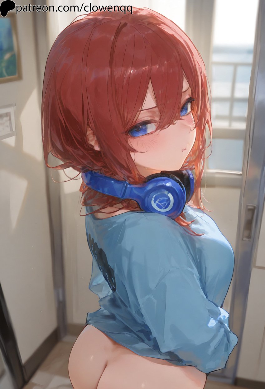 1girls ai_generated ass blue_eyes blush breasts closed_mouth clowenqq female female_focus female_only from_behind go-toubun_no_hanayome hair_between_eyes headphones long_sleeves looking_at_viewer looking_back nakano_miku no_panties pout red_hair shirt shirt_only solo solo_female solo_focus standing