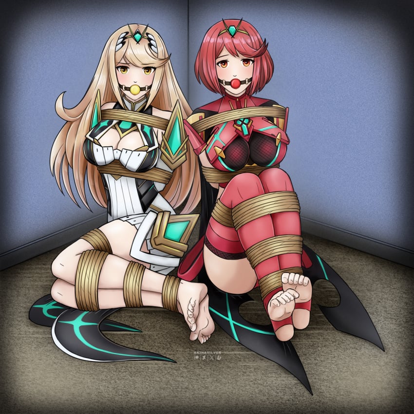 ball_gag blonde_hair bondage feet gag gagged mythra pyra red_hair sitting tied_up xenoblade_(series) xenoblade_chronicles_2