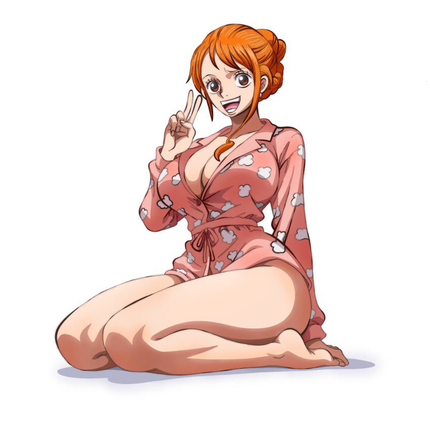 1girls bath_robe big_breasts breasts brown_eyes brown_eyes_female busty cleavage clothing collarbone curvy earrings eyebrows eyelashes female female_only fit_female hand_on_floor kimono kneeling large_breasts long_hair long_hair_female looking_at_viewer nami nami_(one_piece) nightgown one_piece open_mouth orange_hair orange_hair_female peace_sign pink_robe pose posing rao_jackman robe robe_only sleepwear smile smiling smiling_at_viewer solo tied_hair v victory_sign voluptuous voluptuous_female white_background white_earrings