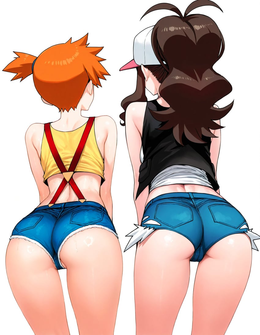 2girls ai_generated ass ass_focus asymmetrical_hair back bare_shoulders baseball_cap bent_over blue_eyes blue_shorts blush breasts brown_hair clothing crop_top cutoffs denim denim_shorts facing_away female female_only from_behind hair_tie hat headwear high_ponytail hilda_(pokemon) huge_ass kasumi_(pokemon) large_ass leaning_forward long_hair looking_at_viewer looking_back micro_shorts midriff multiple_girls orange_hair pocket pokemon pokemon_(game) pokemon_character ponytail protagonist_(pokemon) sfw shiny shiny_hair shiny_skin shirt short_hair short_shorts shorts side-by-side side_ponytail sidelocks simple_background sleeveless sleeveless_shirt standing suspenders sweat tank_top thick_thighs thighs tied_hair vest white_background white_shirt