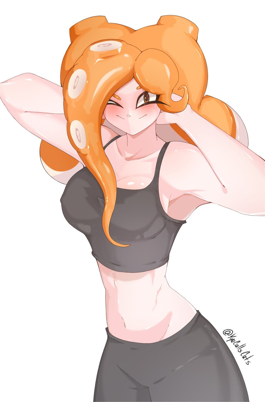 1girls 2025 2d_(artwork) arya_(kyocallscats) blush blushing digital_drawing_(artwork) digital_media_(artwork) female female_focus female_only hair_over_one_eye kyocallscats navel nipples_visible_through_bra octoling octoling_girl octoling_rival orange_hair pose splatoon splatoon_3 sports_bra sports_shorts sportswear stretching tentacle tentacle_hair twitter_username waist watermark wink winking winking_at_viewer