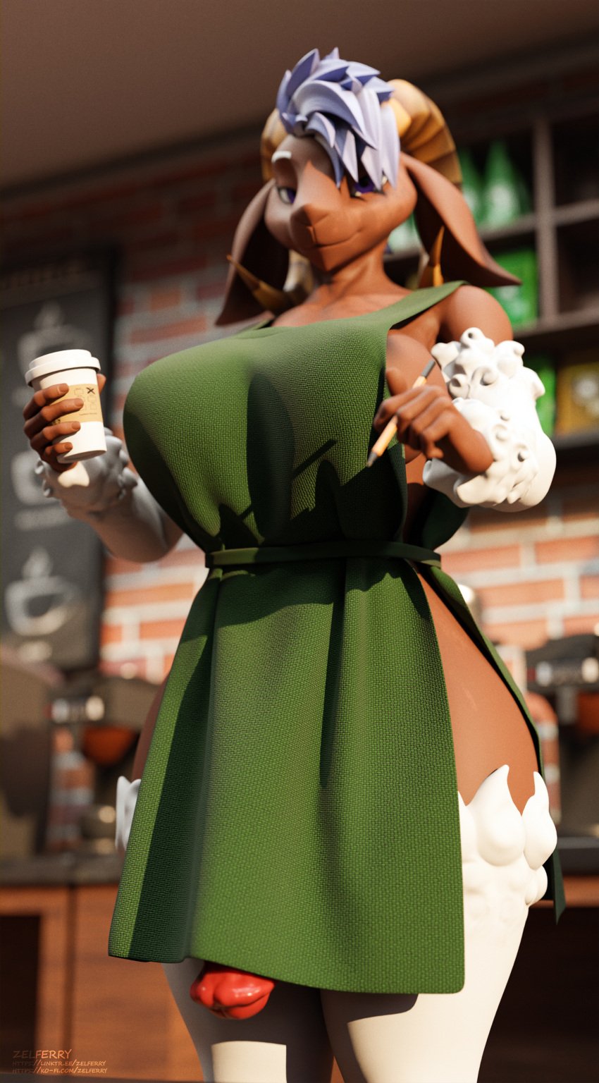 2025 3d_(artwork) absurd_res animal_genitalia animal_penis anthro apron apron_only big_breasts blender_(artwork) bovid breasts brown_body brown_fur caprine clothing coffee_cup coffee_shop container cup digital_media_(artwork) equine_genitalia equine_penis eyebrows film_grain flaccid fur futanari genitals goat green_apron green_clothing gynomorph hair hi_res horn intersex mammal multicolored_hair pen penis purple_eyes signature solo text two_tone_hair url warfare_goat white_eyebrows wool_(fur) zelferry