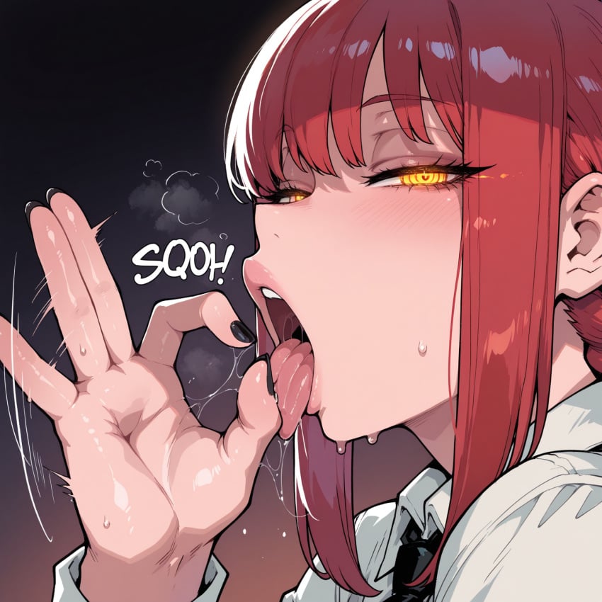 1girl ai_generated breath chainsaw_man fellatio_gesture female glowing_eyes makima_(chainsaw_man) oral_invitation red_hair saliva solo tongue_out yellow_eyes